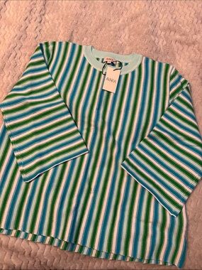 AVARA Striped Long-Sleeve Tee in Green & Blue